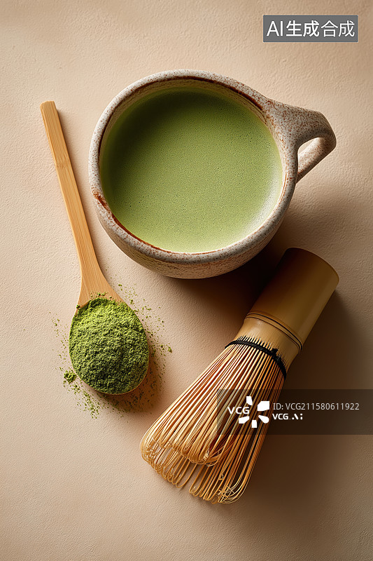 【AI数字艺术】抹茶器具与粉末的静物组合图片素材