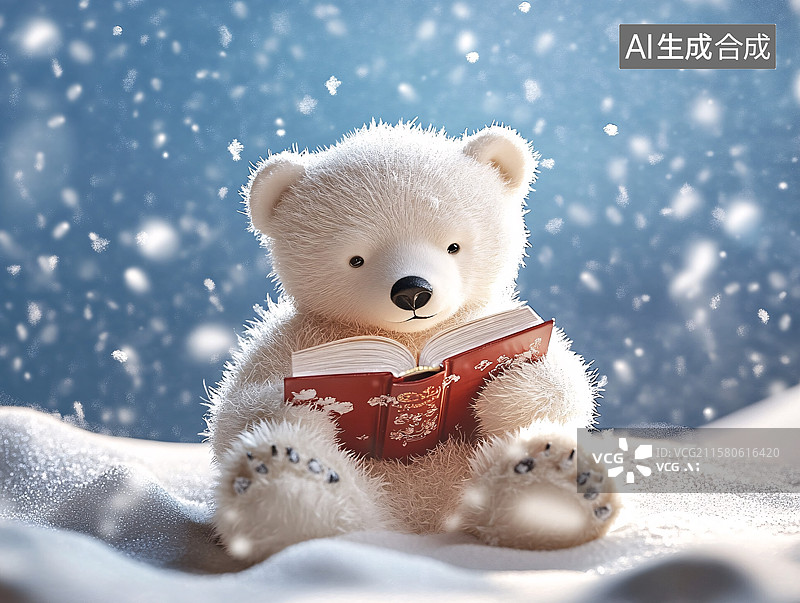 【AI数字艺术】雪地中读书的可爱北极熊图片素材