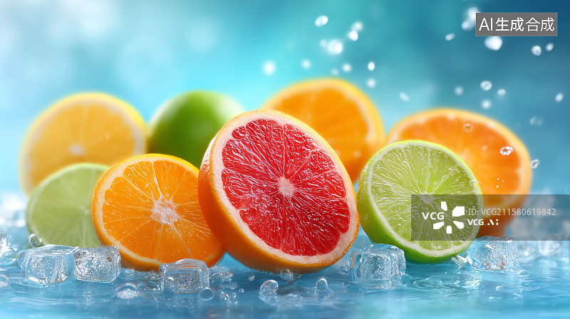 【AI数字艺术】水果在水中飞溅的瞬间图片素材