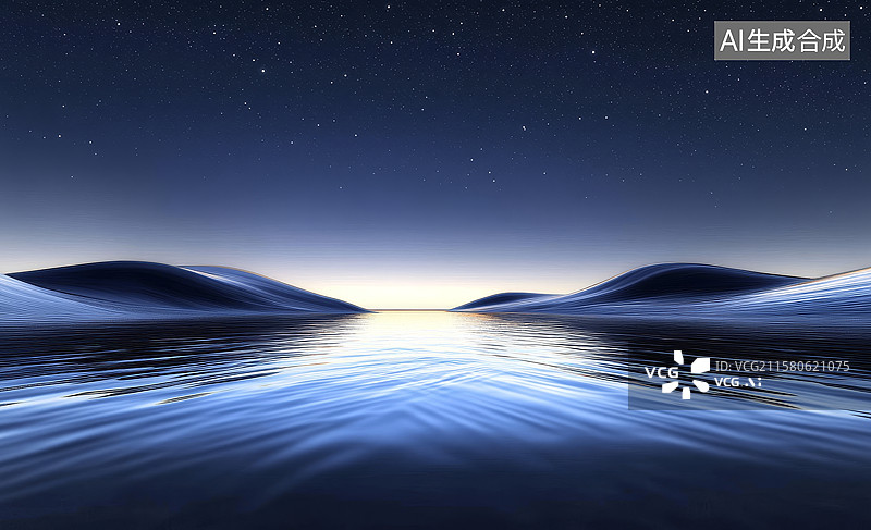 【AI数字艺术】夜空下的宁静水面与沙丘图片素材