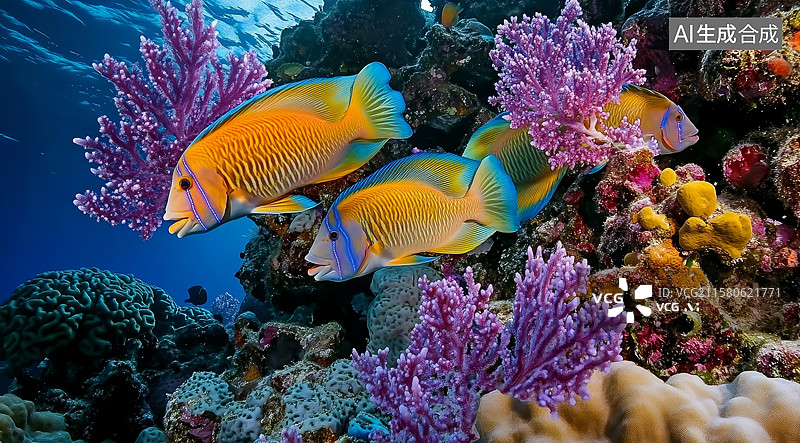 【AI数字艺术】珊瑚礁上的热带鱼群图片素材