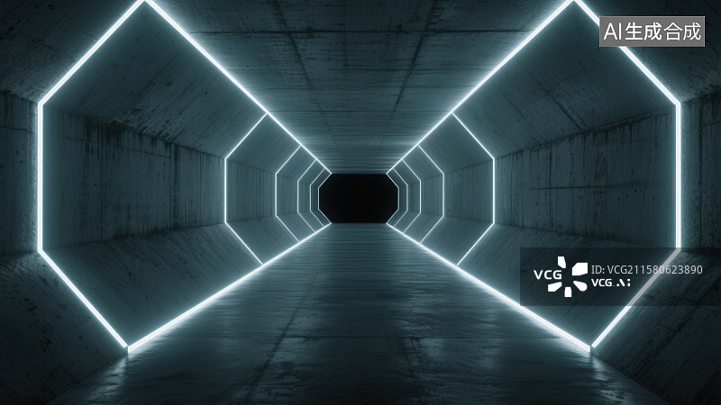 【AI数字艺术】深灰色混凝土墙地面和冷白色线性灯带的空旷封闭工业风地下隧道式空间图片素材