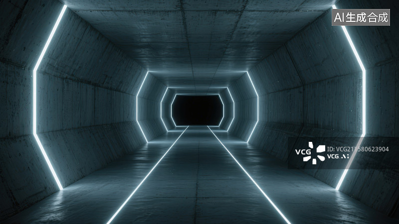 【AI数字艺术】深灰色混凝土墙地面和冷白色线性灯带的空旷封闭工业风地下隧道式空间图片素材