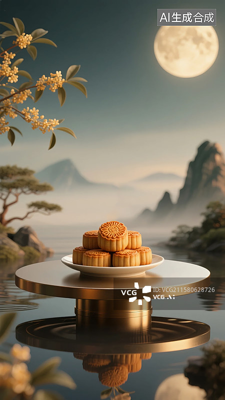 【AI数字艺术】中秋银盘月饼山水夜景插画图片素材