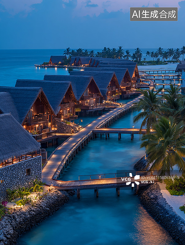 【AI数字艺术】海滨度假村的静谧夜晚图片素材