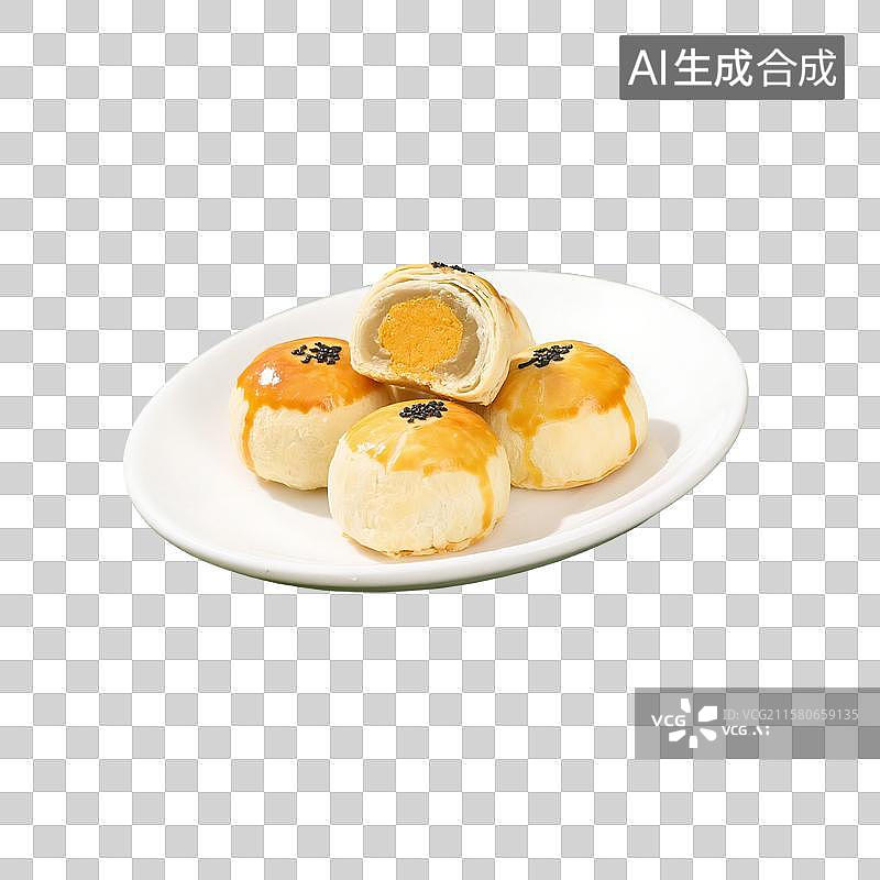 【AI数字艺术】盘子里的中式传统点心，馅饼，蛋黄酥，月饼，下午茶甜点小吃，免抠元素图片素材