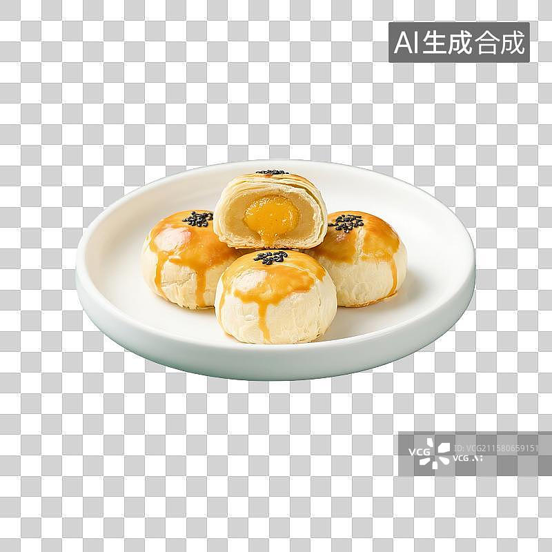 【AI数字艺术】盘子里的中式传统点心，馅饼，蛋黄酥，月饼，下午茶甜点小吃，免抠元素图片素材