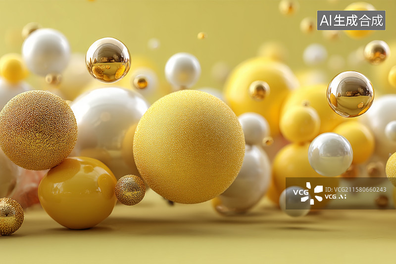 【AI数字艺术】金色与白色球体的动态悬浮场景图片素材