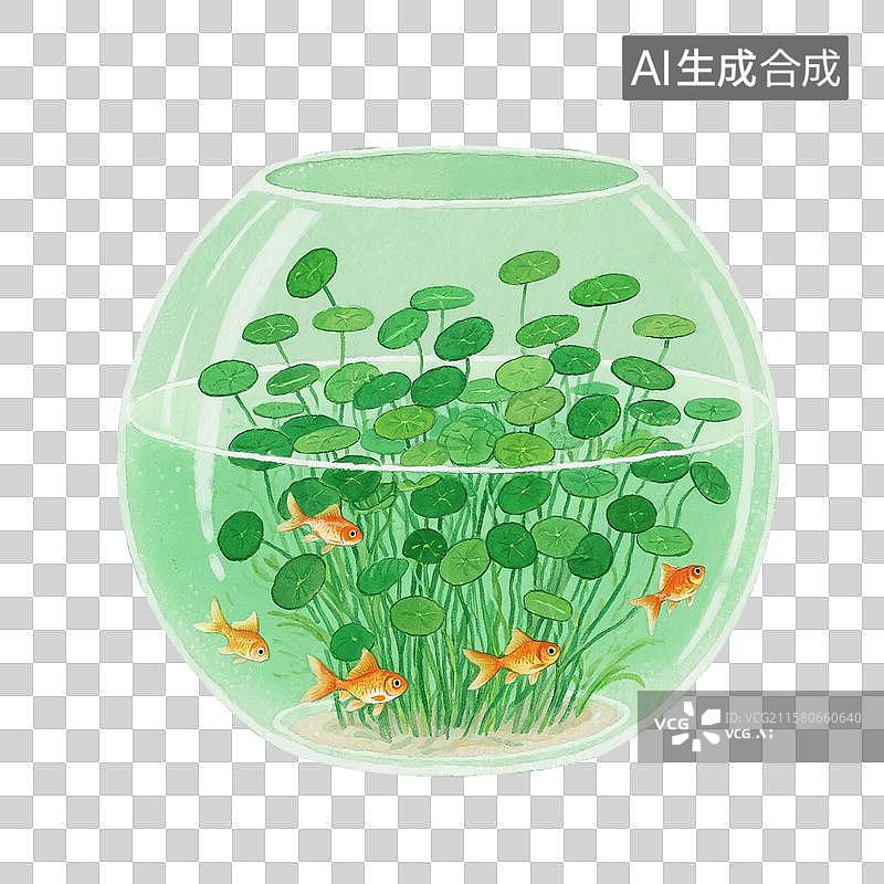 【AI数字艺术】治愈系手绘插画，鱼缸里的铜钱草，绿植，免抠元素图片素材
