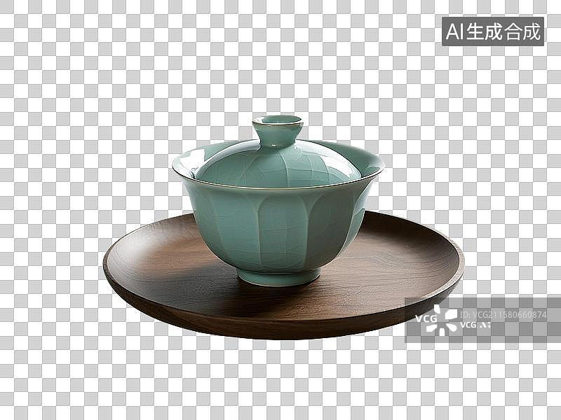 【AI数字艺术】盖碗茶，青瓷盖碗，茶盏，茶杯茶具，瓷器，茶道，茶文化，喝茶饮茶免抠元素图片素材