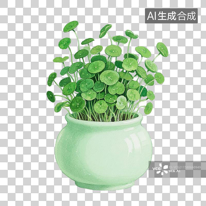 【AI数字艺术】治愈系手绘插画，花瓶里的铜钱草，绿植，免抠元素图片素材