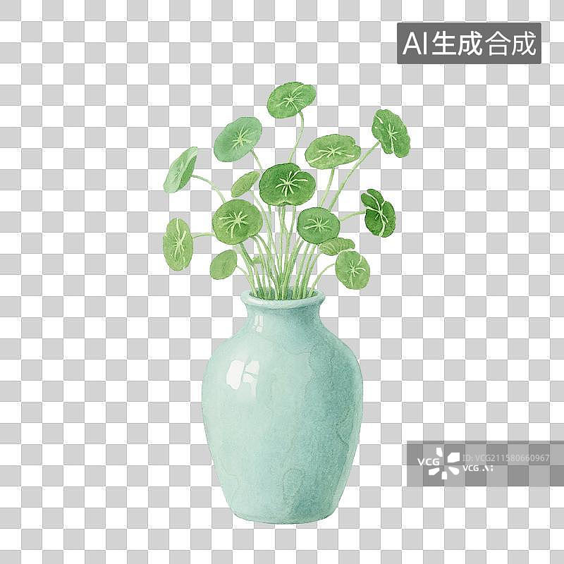 【AI数字艺术】治愈系手绘插画，花瓶里的铜钱草，绿植，免抠元素图片素材