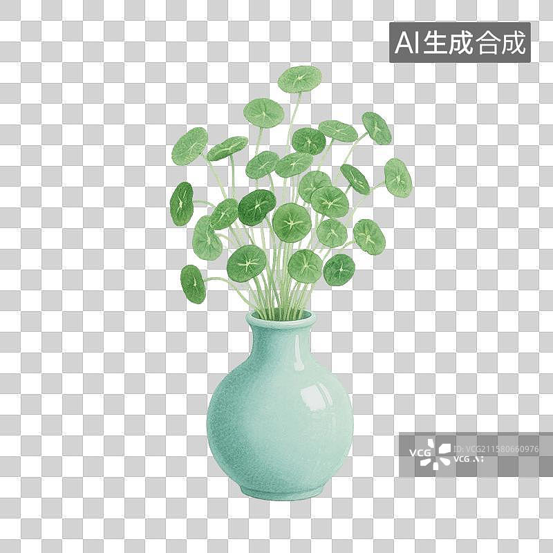 【AI数字艺术】治愈系手绘插画，花瓶里的铜钱草，绿植，免抠元素图片素材