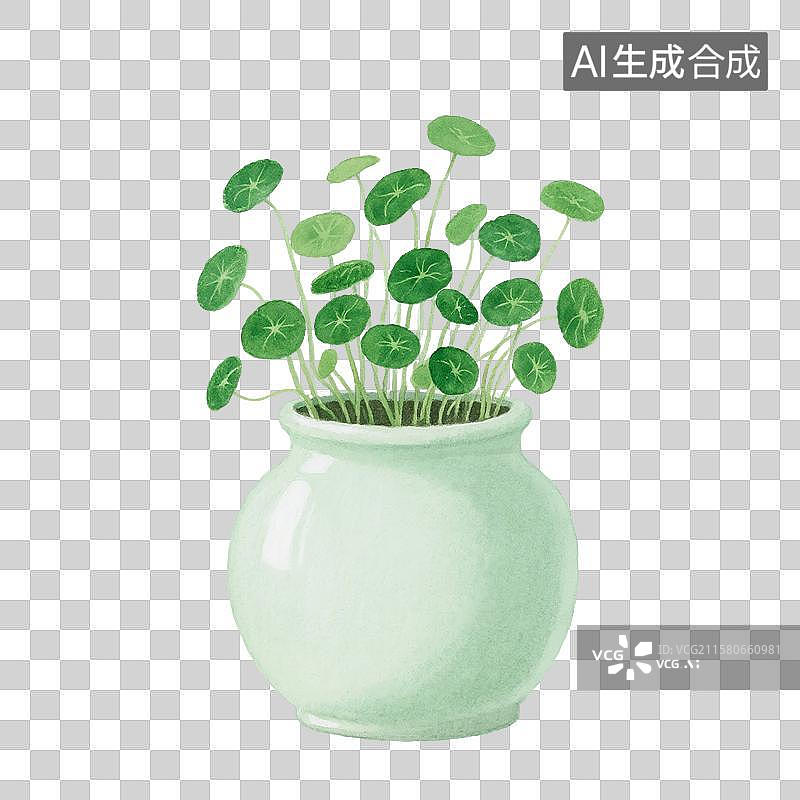 【AI数字艺术】治愈系手绘插画，花瓶里的铜钱草，绿植，免抠元素图片素材
