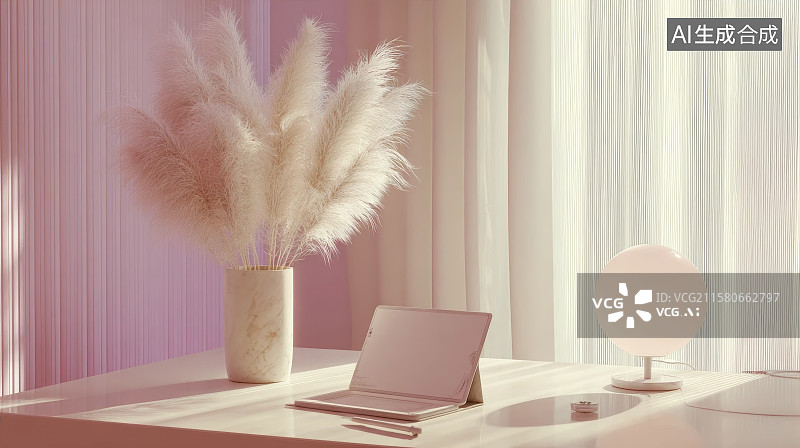 【AI数字艺术】家里桌子上的笔记本电脑和花瓶的特写镜头图片素材