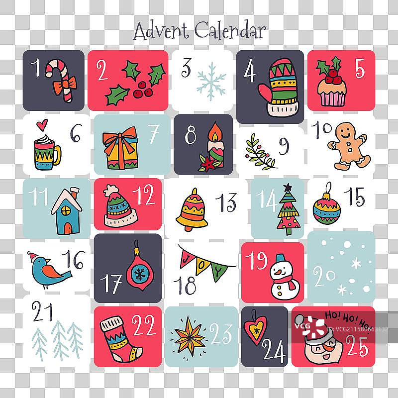手绘的灰色、粉色和蓝色的圣诞倒计时日历图片素材