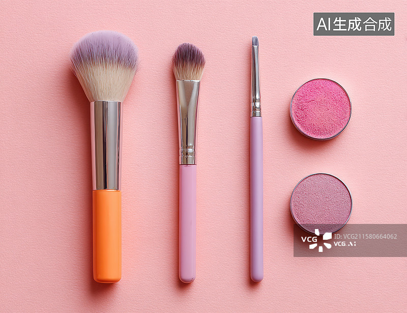 【AI数字艺术】粉红色背景上的化妆刷和粉饼图片素材