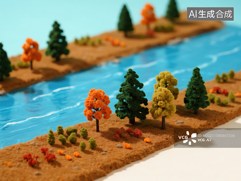 【AI数字艺术】微缩秋季河岸景观模型图片素材