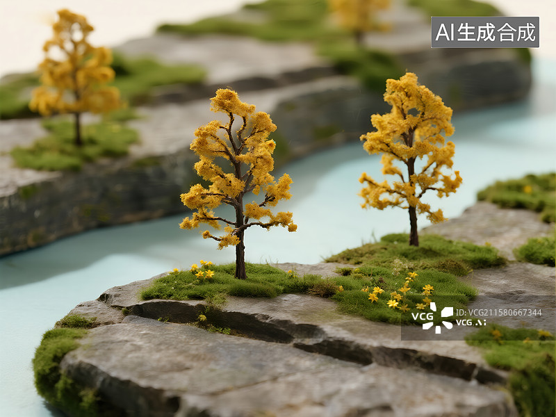 【AI数字艺术】微缩秋季河岸景观模型图片素材