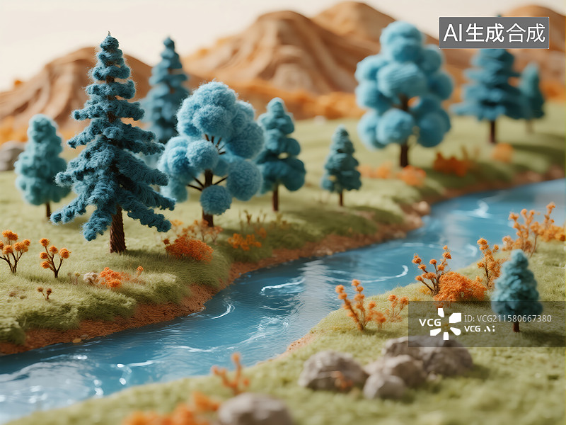 【AI数字艺术】微缩秋季河岸景观模型图片素材