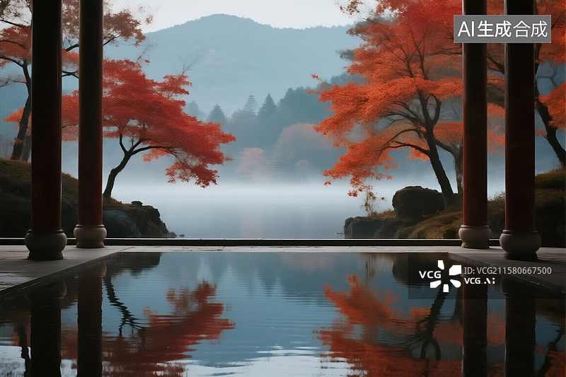 【AI数字艺术】秋韵中式园林亭台景观图片素材