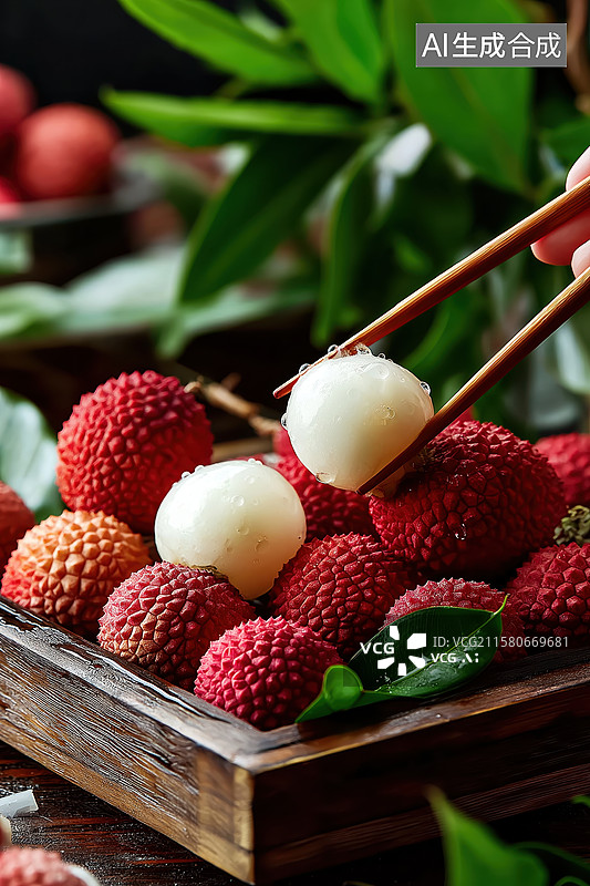 【AI数字艺术】新鲜荔枝与剥壳瞬间图片素材