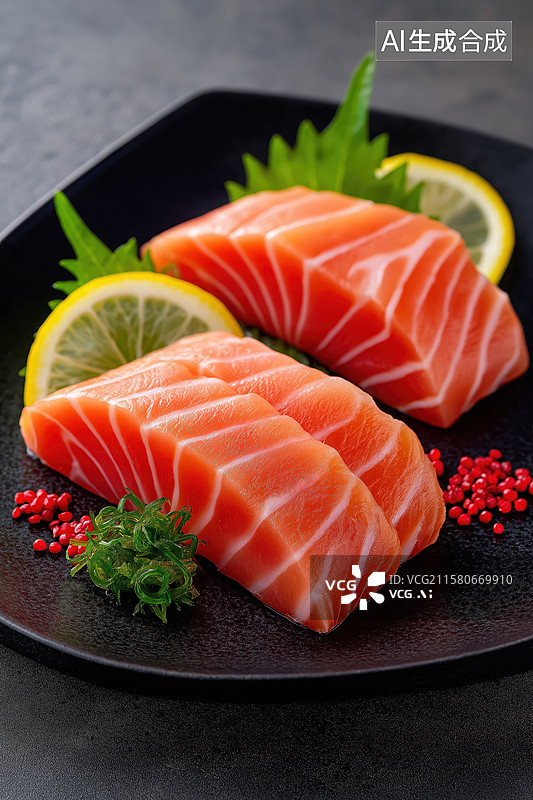 【AI数字艺术】新鲜三文鱼刺身配柠檬和紫苏图片素材