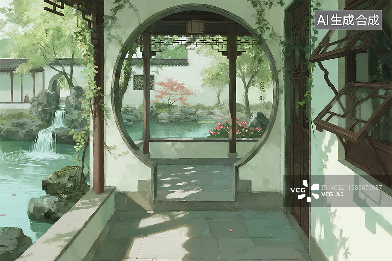 【AI数字艺术】月洞门窥江南园林幽境图片素材
