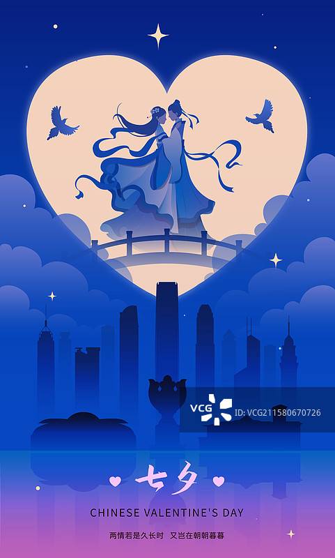 七夕牛郎织女香港城市夜空插画图片素材