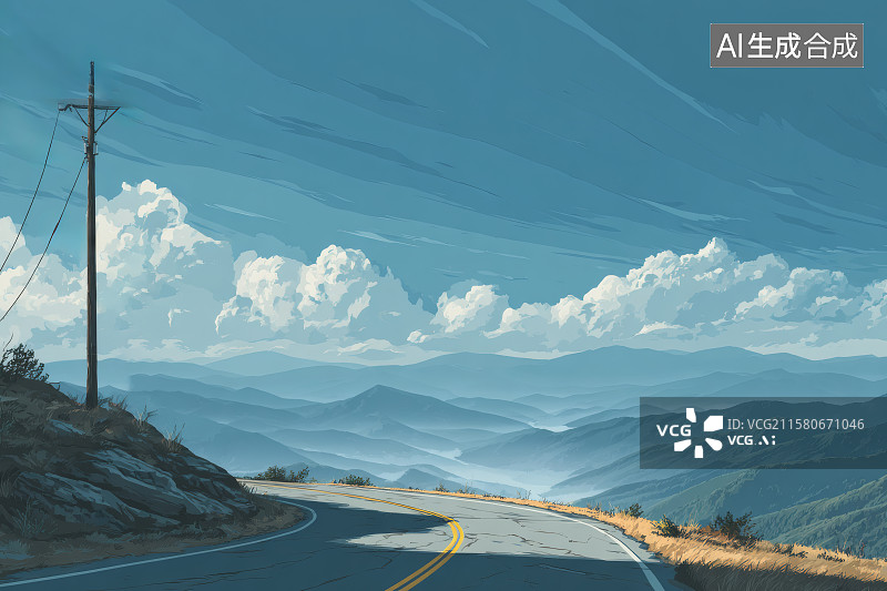 【AI数字艺术】崇山峻岭间的一条盘山公路，路边的电线杆图片素材