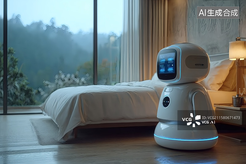 【AI数字艺术】现代酒店客房，机器人服务，人工智能背景图图片素材