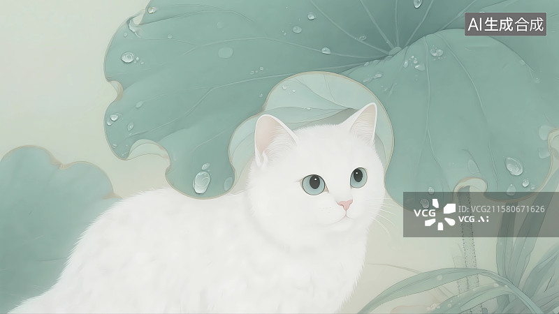 【AI数字艺术】荷叶下的白色小猫中国风工笔画图片素材