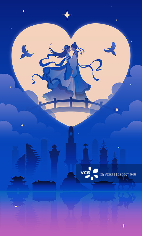 七夕牛郎织女泉州城市夜空插画图片素材