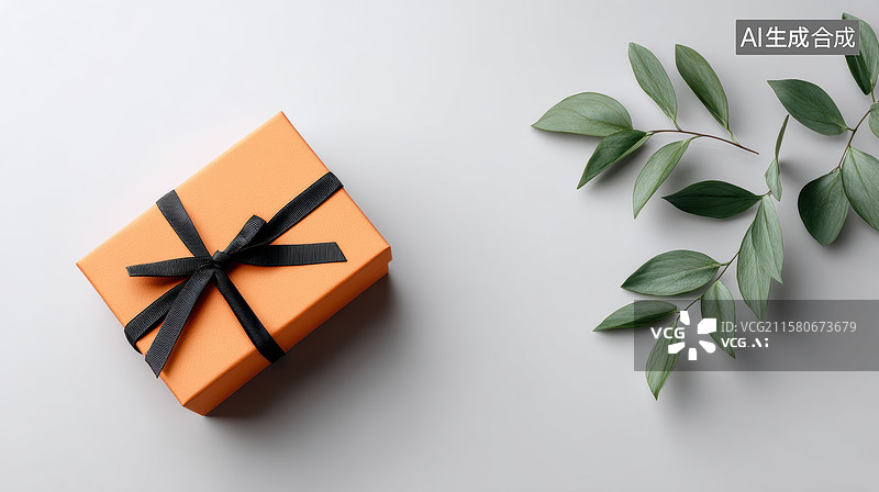 【AI数字艺术】橙色礼盒与绿叶的静物组合图片素材