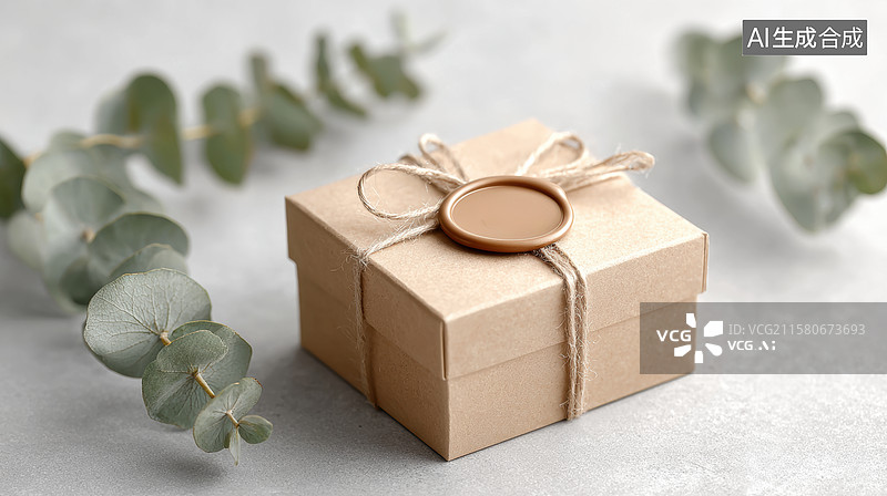 【AI数字艺术】简约风格的礼物盒与桉树叶装饰图片素材