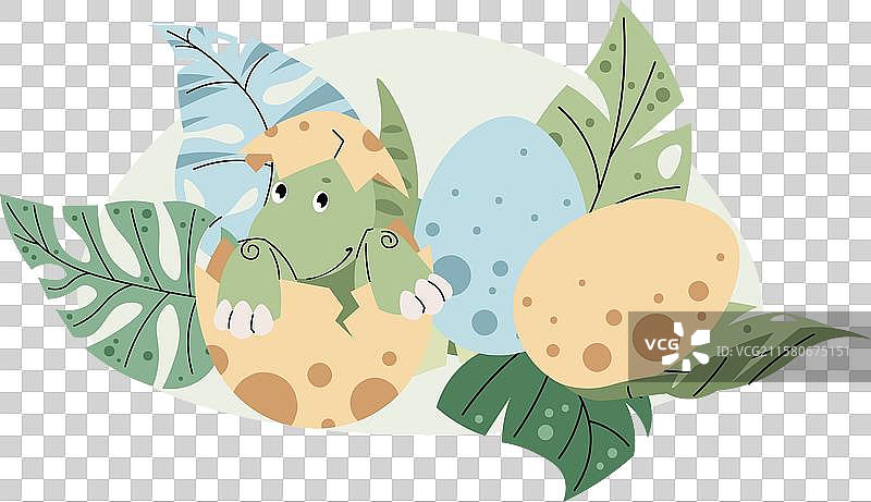 可爱的卡通恐龙在热带的蛋壳里图片素材