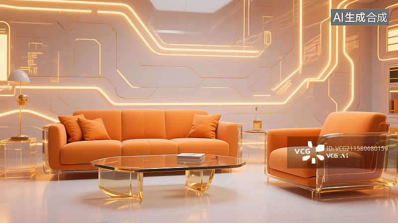 【AI数字艺术】智能家居海报——橙色沙发与发光抽象背景图片素材