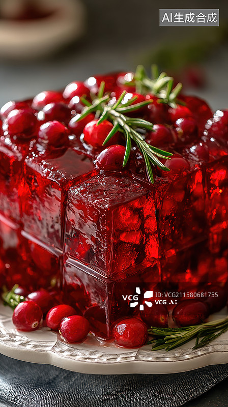 【AI数字艺术】红色果冻方块配蔓越莓和迷迭香图片素材