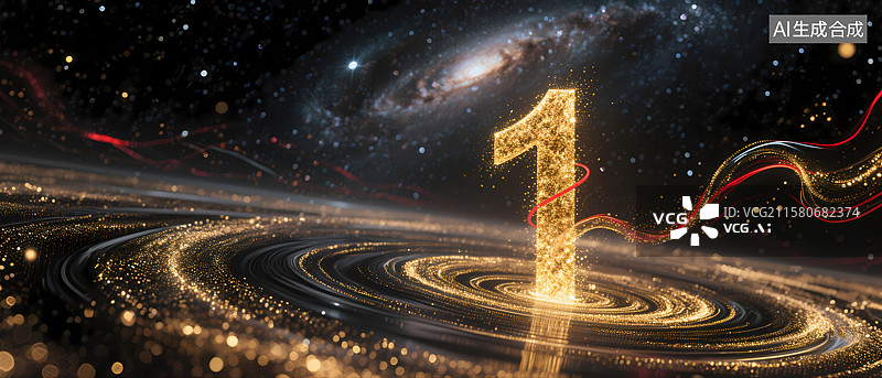 【AI数字艺术】金色数字一在宇宙背景中闪耀图片素材