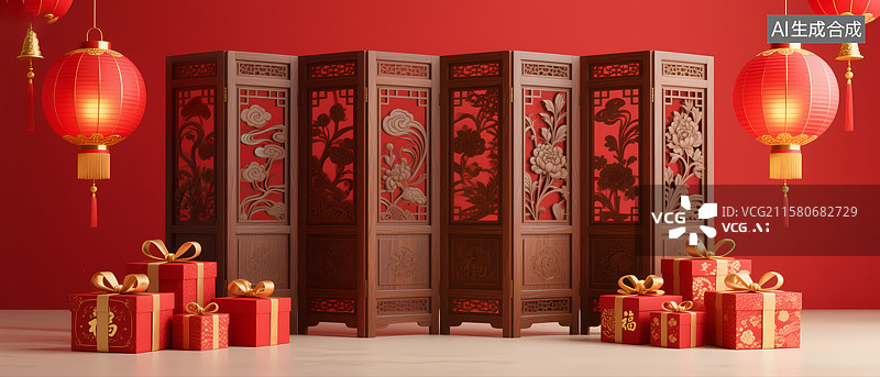 【AI数字艺术】中式屏风与红灯笼节日装饰图片素材