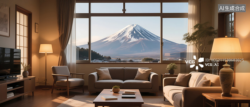 【AI数字艺术】客厅全景窗前富士山景色图片素材