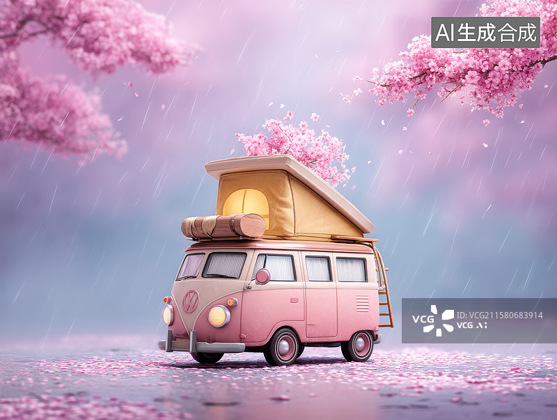 【AI数字艺术】樱花雨中的粉色房车图片素材