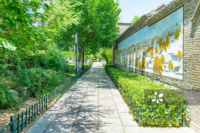 中国5A级旅游景区拍摄主题，山东济南大明湖公园园林，老舍纪念馆外面花坛和人行道，户外白昼无人图像摄影图片素材