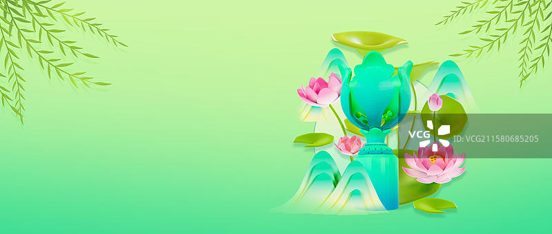 中国风夏天荷花杨柳山水香港城市插画图片素材