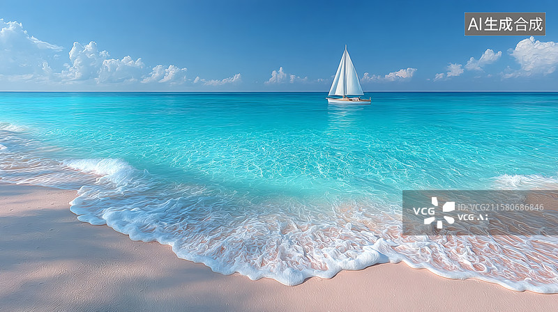 【AI数字艺术】清澈海面上的帆船与沙滩图片素材