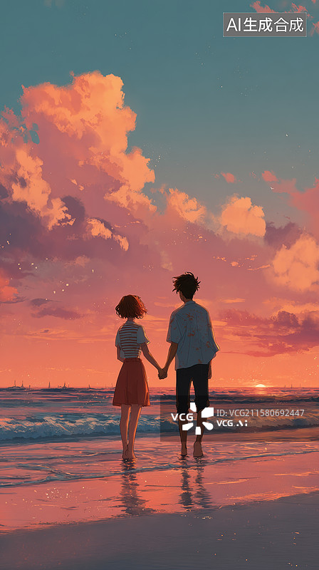 【AI数字艺术】海边日落，两人牵手漫步图片素材