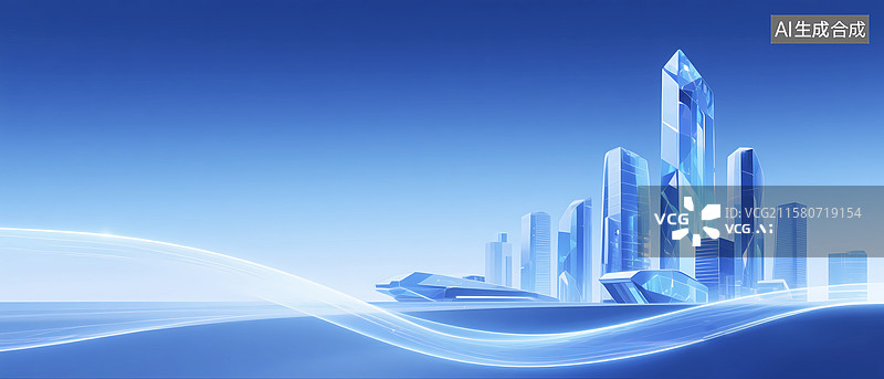 【AI数字艺术】蓝色科技未来城市建筑流体抽象背景图片素材