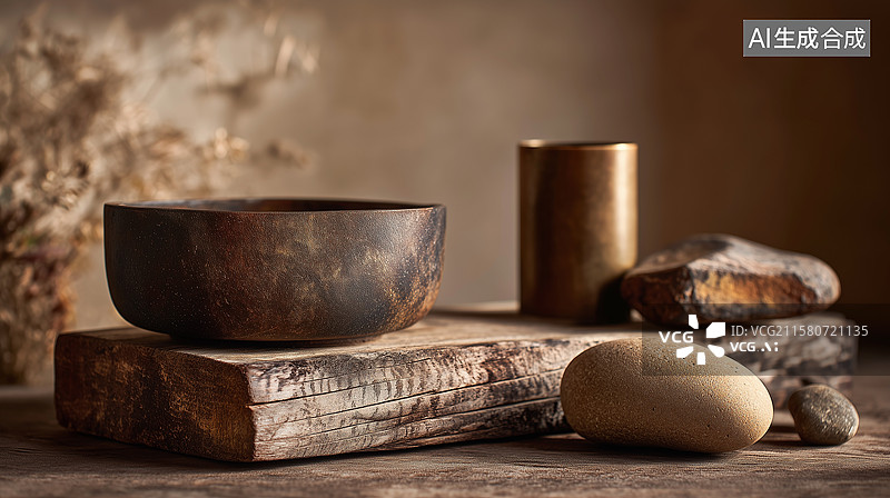 【AI数字艺术】侘寂风室内场景：柔和光线下的自然韵味图片素材