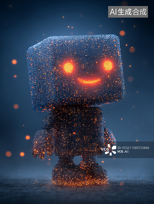 【AI数字艺术】发光粒子构成的卡通机器人形象在黑暗中微笑图片素材