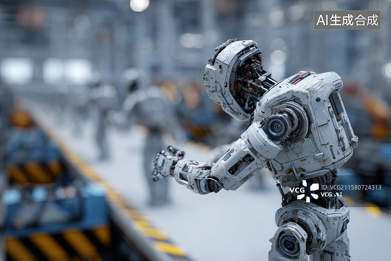 【AI数字艺术】工厂内作业中的白色仿生机器人图片素材